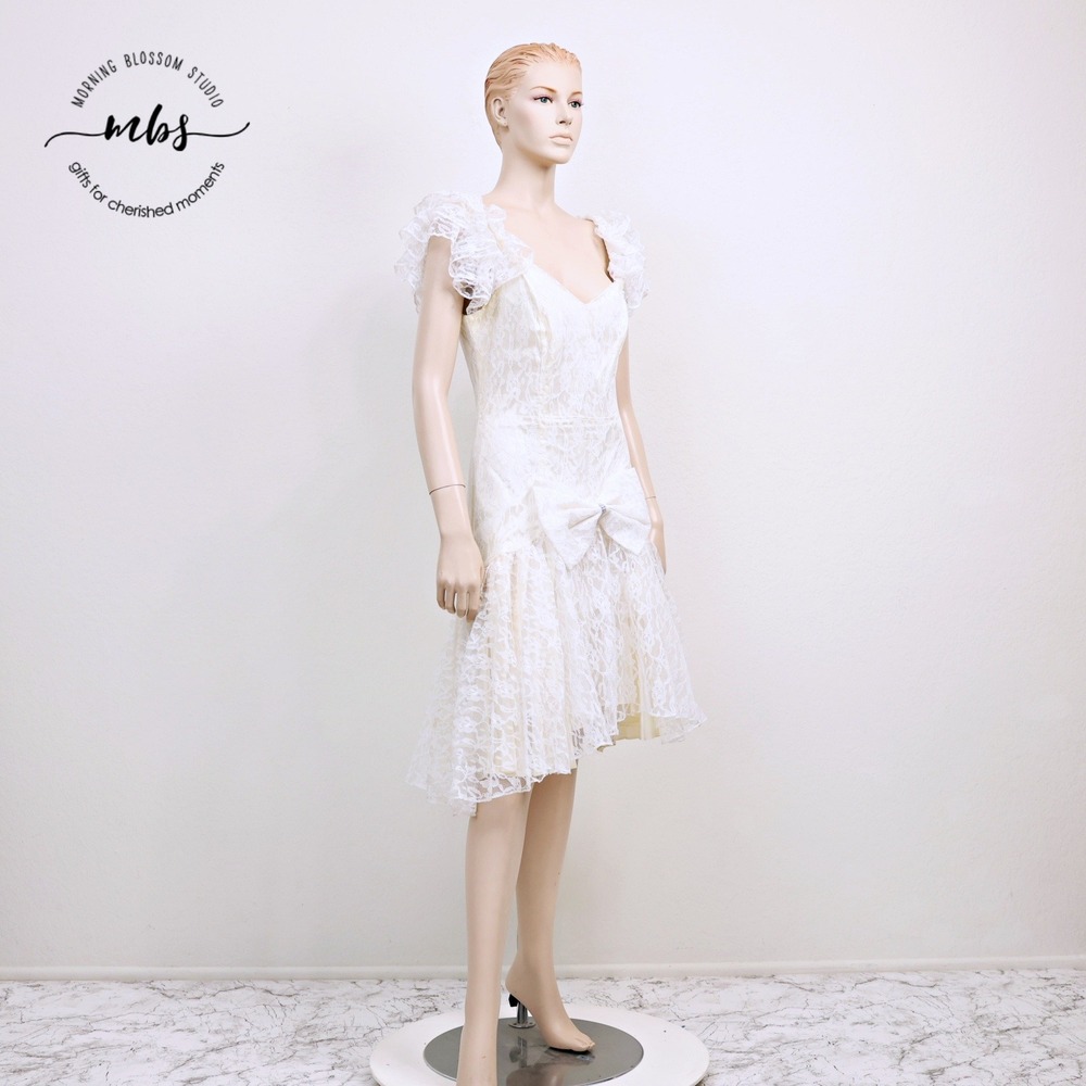 Nuance Vintage 80's Lace Bow Cocktail Off the Shoulder Midi Dress Ivory Women M